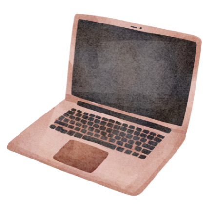 Watercolor image of an open laptop with a black screen.